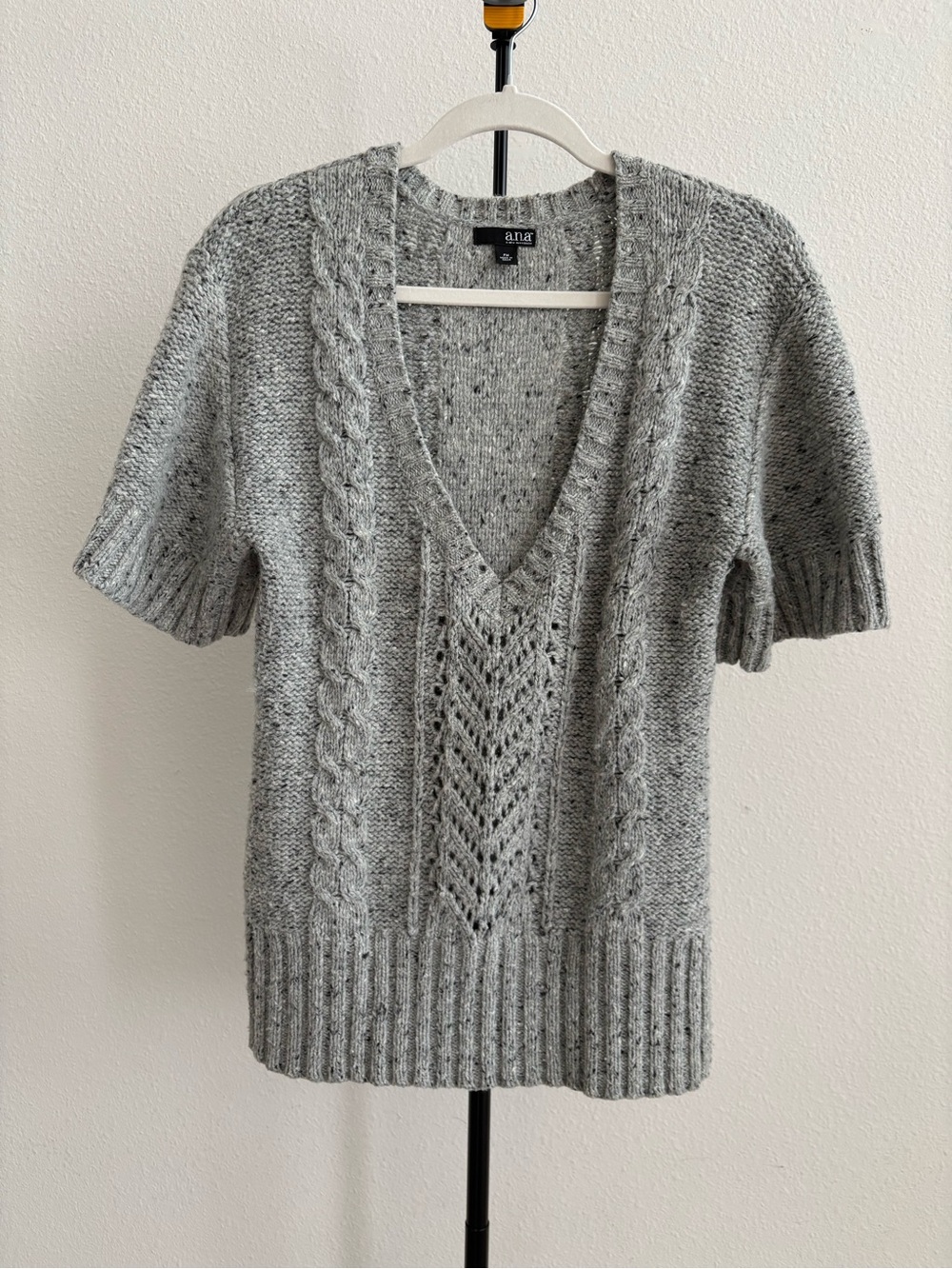 a.n.a Gray Cable Knit Sweater Short Sleeve Wool Angora Blend Top
